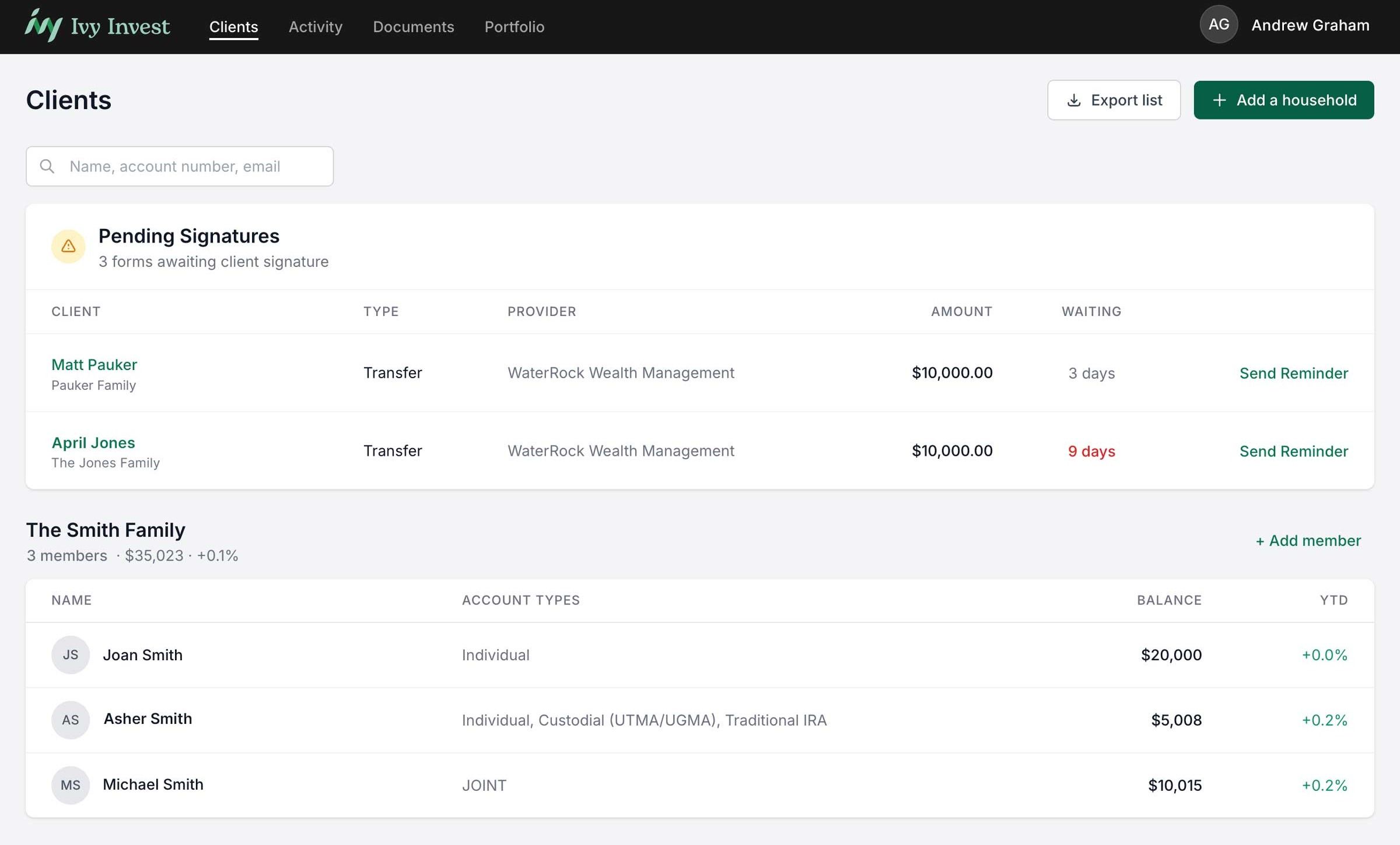 The advisor portal's Clients screen, listing households and their accounts.